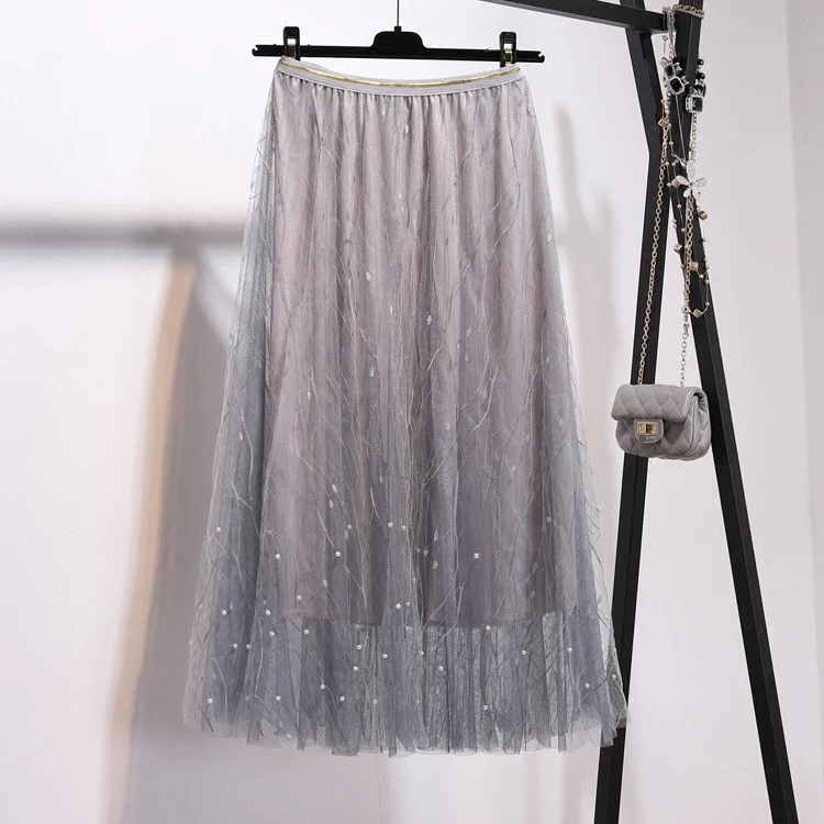 Новая газовая бюст юбка высокая талия Осень-зима гвоздь бисера Кружева Юбки его ehrs вуаль вместе длинная Плиссированная юбка