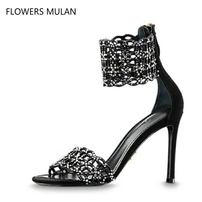 

2018Bling Crystal Flowers Decor Caged Women Sandals High Heels Women Pumps Cutout Summer Sandalias Mujer Sexy Ladies Stiletto