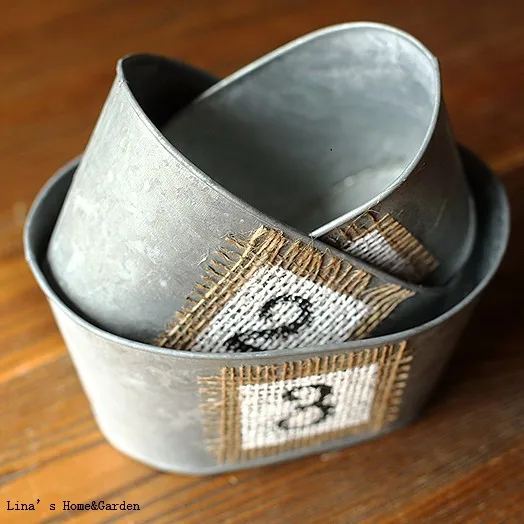 Nesting Set 3 Gray Vintage Retro Zinc Galvanized Planter Tub