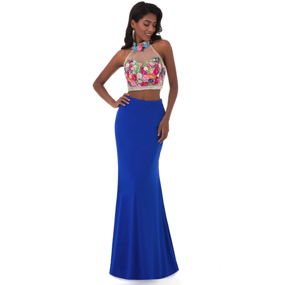 High Neck Appliques Beading Floor Length Two Pieces Blue Mermaid Prom Dress