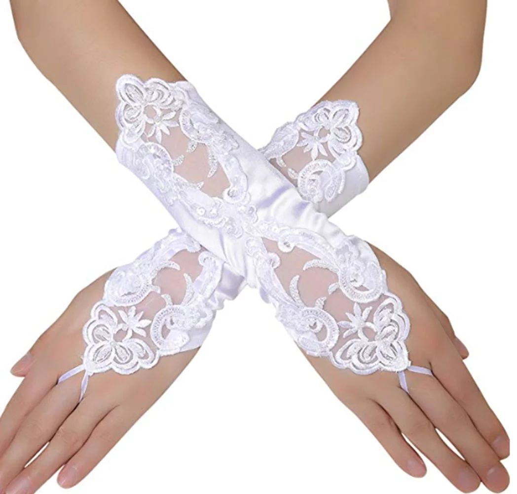 White3 1 пара, женские длинные кружевные перчатки для невесты, кружевные перчатки без пальцев, черные, белые - Цвет: White3