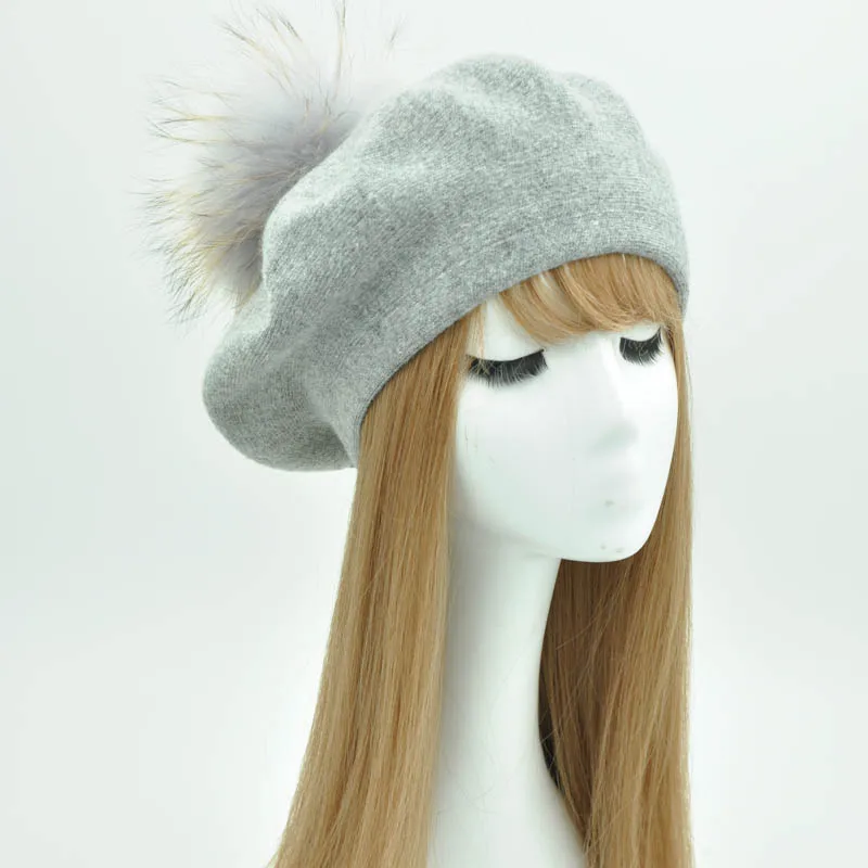2018-Winter-Female-Beret-Women-Hat-15CM-Real-Raccoon-Fur-Pompom-Beret-Wool-Cashmere-Natural-Fur