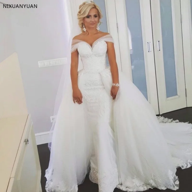 Mermaid Detachable Skirt Tulle Lace Sexy Romantic Long Bridal Wedding Dresses 2018 New Fashion Wedding Gown
