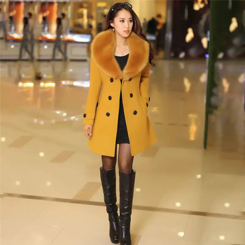 Зимнее женское пальто, новое тонкое пальто с большим меховым воротником, двубортное шерстяное пальто, теплая смешанная хлопковая верхняя одежда, большие размеры 825359