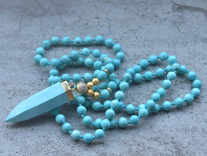 

YA2232 Green Stone Pendant Stone Knot Beads Handmade Necklace 30inch long