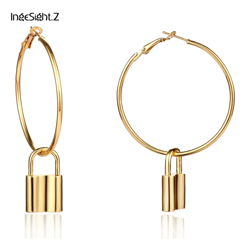 

IngeSight.Z Punk Exaggerated Geometric Big Round Circle Hoop Earrings Statement Lock Earrings for Women Jewelry Accessories
