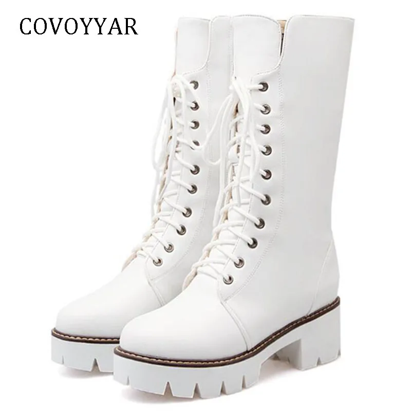 

COVOYYAR Hot 2018 Riding Knight Boots Women Lace Up Mid-Calf Boots Chunky Heel Platform Black/White Shoes Women Big Sizes WBS967