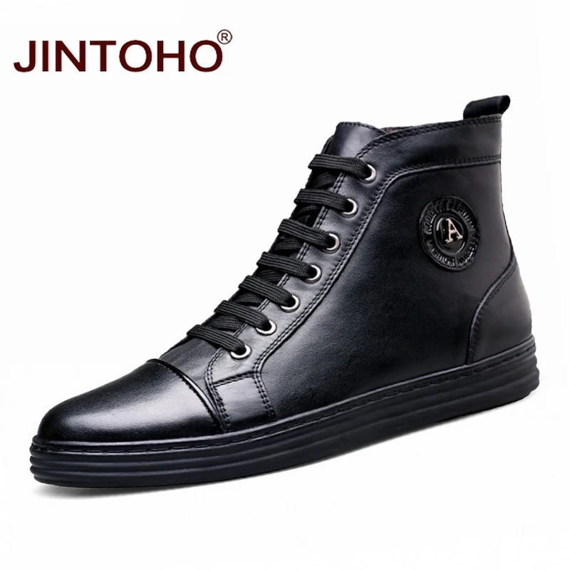 

JINTOHO Fashion Genuine Leather Men Shoes Winter Men Boots High Quality Leather Male Boots Black Winter Shoes Motorcycle Boots