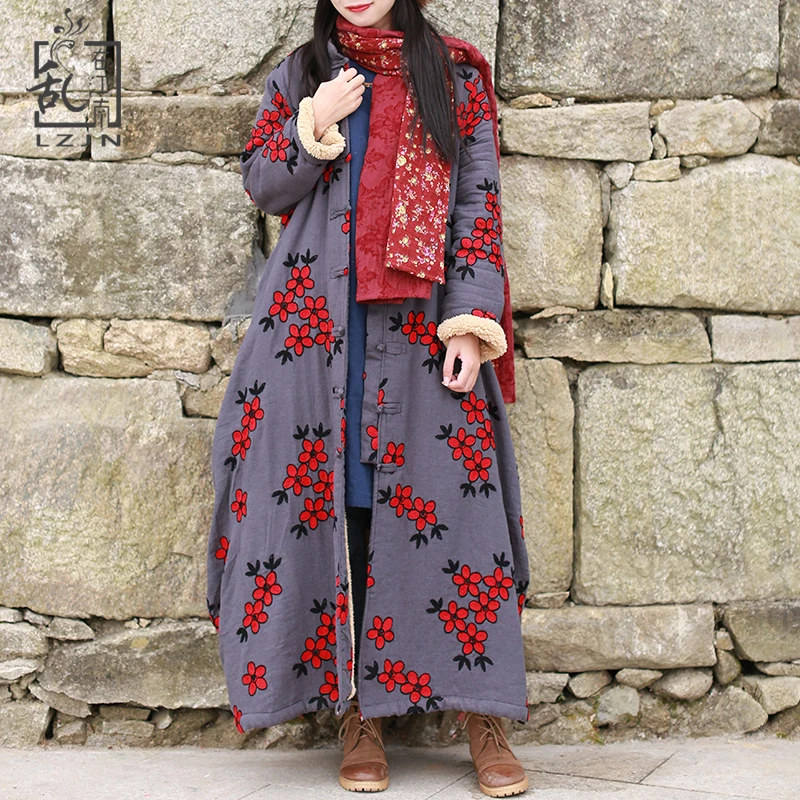 Lzjn Herfst Winter Jas Vrouwen Borduren Bloemen Trenchcoat Lam Wol Windjack Maxi Vintage Overjas Warme Fleece Jas