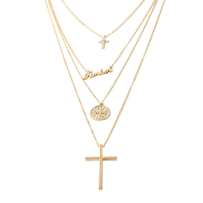 Gold Color Cross Letter Round Pendant Necklace Boho Multi Layer Choker Chain Link Necklace For Women Fashion Jewelry Gift