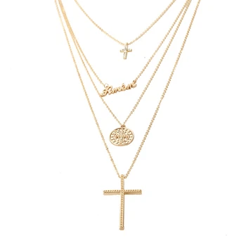 Gold Color Cross Letter Round Pendant Necklace Boho Multi Layer Choker Chain Link Necklace For Women Fashion Jewelry Gift