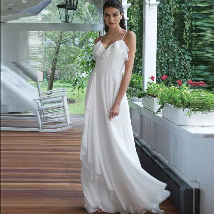 

Summer Spaghetti Straps A-Line Boho Beach Wedding Dresses Chiffon Skirt Sexy Backless Bridal Gown Custom Made
