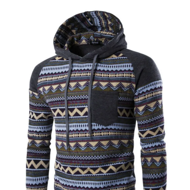 Raglan Sleeve Aztec Tribal Print Hoodie Teen Men Color Block Geometric Pattern Pocket Hooded Sweatshirt Bohemia Winter Outfits