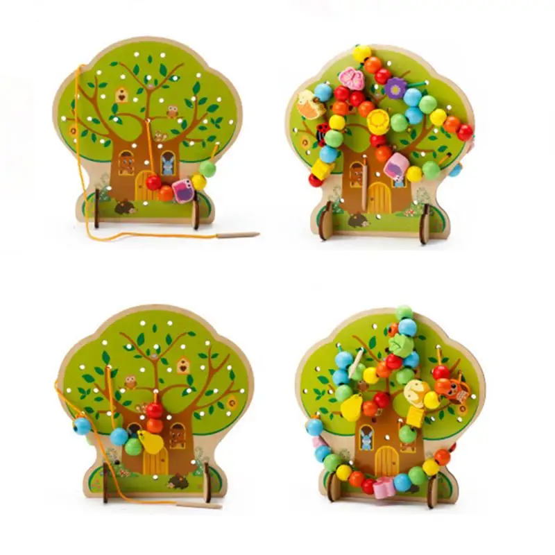 3D DIY игрушки деревянные струнные бусины фруктовое дерево животные Красочные Детские раннее образование игрушка детский подарок Монтессори нанизывающие бусины