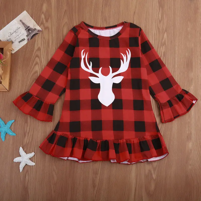 

New 2018 Christmas Deer Baby Girls Dresses Kid Checked Petal Sleeve Plaid Outfit Clothes Dress
