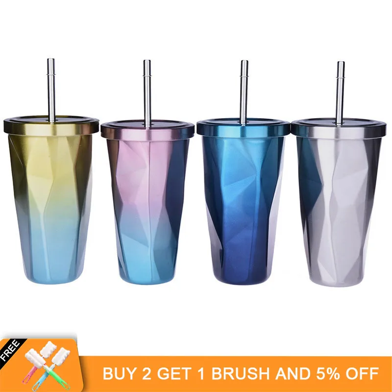 

ZOOOBE 480ML Colorful Double Stainless steel with straw Lid insulation Creative Camping Tour Bottle Coffee Milk bottle