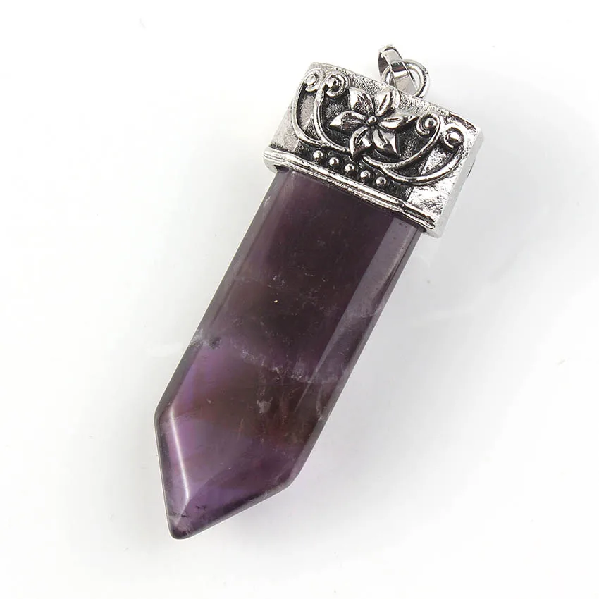 Natural Gnergy Gemstone~ Silver Plated Natural Purple Amethysts Crystal Rose Pink Quartz With Flower Sword Pendant Labradorite Jewelry 5 AA00201027101c