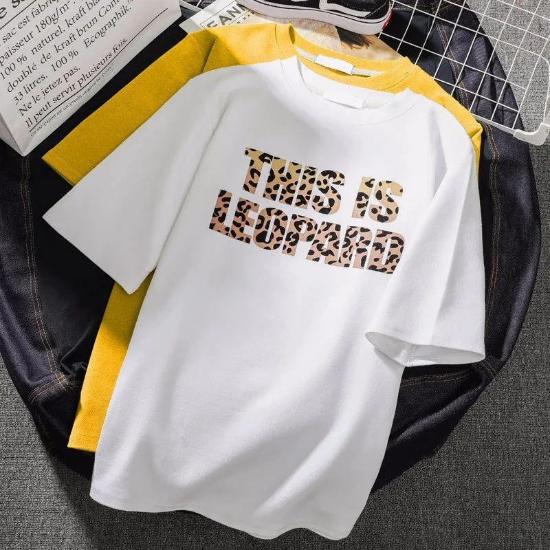 

korean style Summer Leopard Letters t shirt women white loose camisetas verano mujer 2019 o-neck graphic tees top tshirt femme