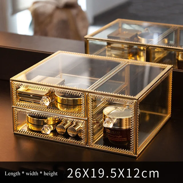 Luxury Glass Cosmetic Storage Box Drawers Makeup Organizer Desktop Cotton Swab Lipstick Holder Make Up Organizer Girl Gift