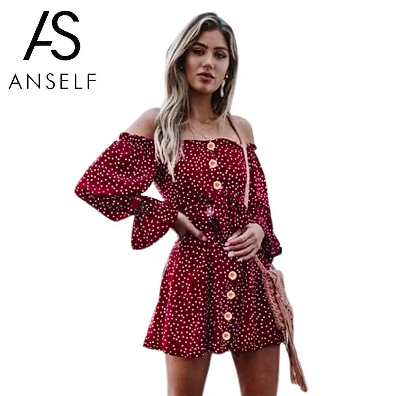 

2019 Autumn Polka Dot Dress Women Off the Shoulder Long Sleeves High Waist Hollow Out Tie Front Casual Mini Summer Dress 2019