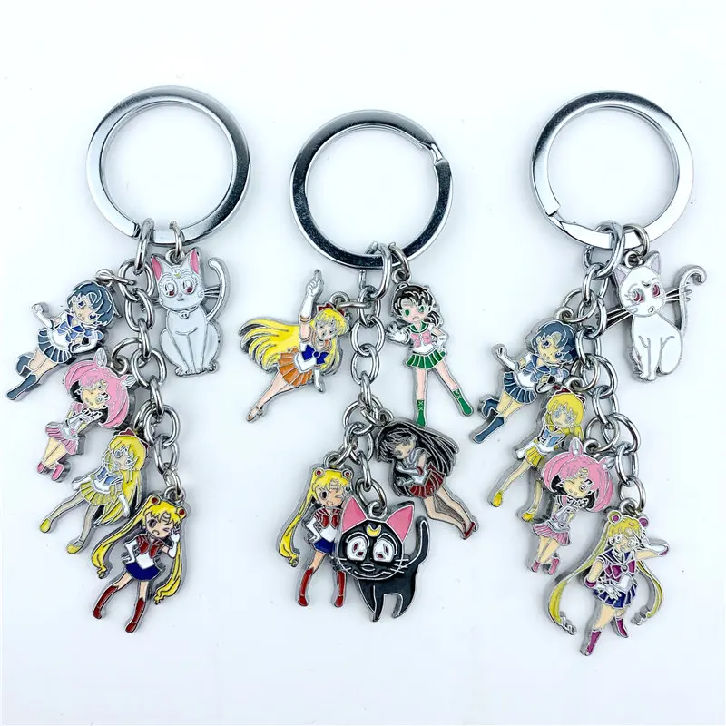

Cartoon Sailor Moon action figure Keychain Keyring 5 in 1 set Metal Pendants Cute Key Ring for girls Cosplay Accessories Gift