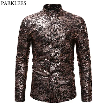 

Mens Geek Metallic Shirt Shiny Copper Golden Floral Printed Camisa Masculina Slim Fit Long Sleeve Nightclub DJ Men Dress Shirts