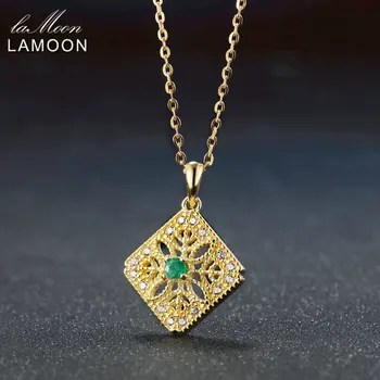 

LAMOON Emerald Necklace 925 Sterling Silver Necklace Gemstone Pendant 14K Gold Plated Fine Jewelry Delicate Pattern LMNI056
