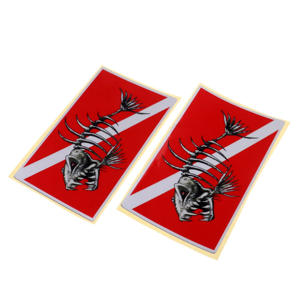 Perfeclan Reflective Scuba Diving Diver Down Flag Kayak Sticker Vinyl Decal Red Waterproof Skeleton Fish Kayak Accessories 2Pcs