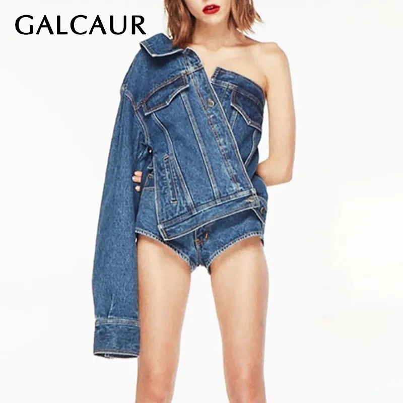

GALCAUR Summer One Shoulder Denim Jacket For Women Lapel Collar Long Sleeve Irregular Coat Female Fashion Clothes 2019 New