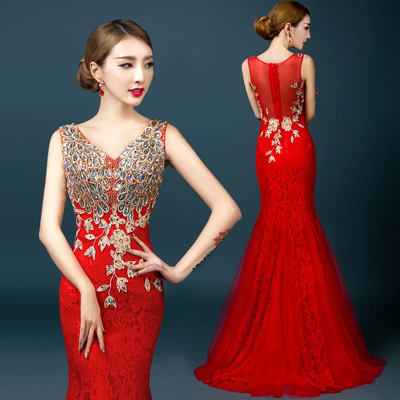Hot selling Elegant Crystal Beaded Red Royal Blue Lace Mermaid Long Evening Dresses 2018 Prom Party Dress Robe De Soiree Longue Hot selling Elegant Crystal Beaded Red Royal Blue Lace Mermaid Long Evening Dresses 2018 Prom Party Dress Robe De Soiree Longue