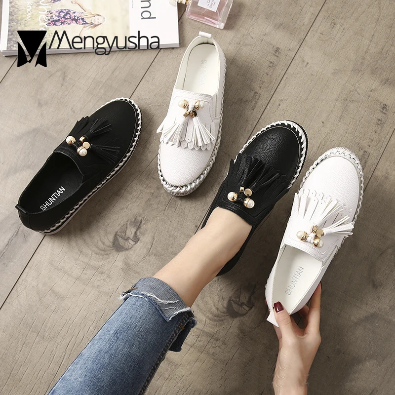 2018 blanc Slip Gland Mocassins Microfibre Femme Ronde On Chaussures Noir Date Toe Appartements Confortable Creepers Corée Dames Perle Mujer Joker OXZikuwPlT