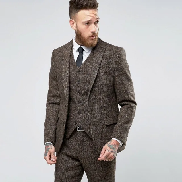 Мужские костюмы дизайнеры 2019 коричневый твид костюм для мужчин Slim Fit Свадебные