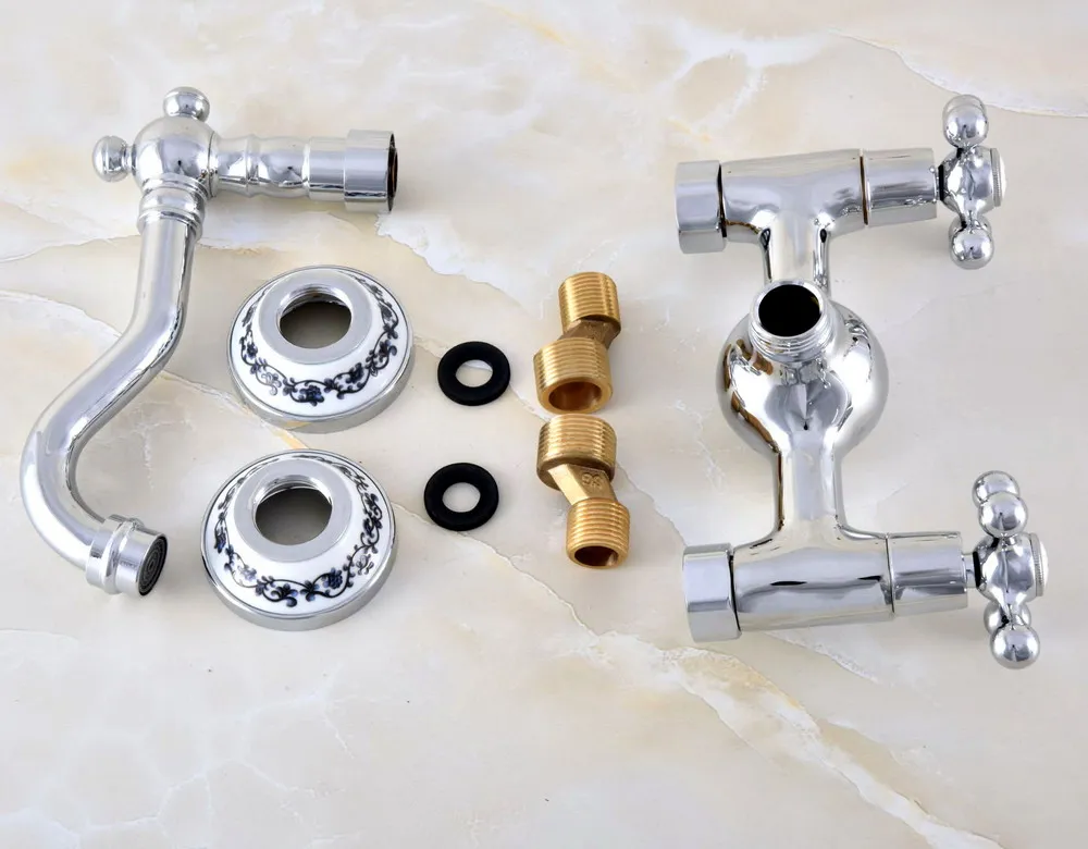 Polished Chrome Brass Wall Mount Bathroom Basin Kitchen Sink Faucet Swivel Spout Mixer Tap Dual Cross Handles Levers anf579