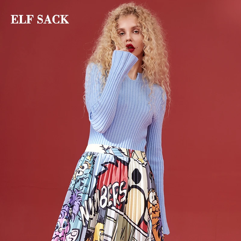 

ELF SACK Winter New Stylish Sweater Woman Solid Full O-Neck Femme Pullovers Hand Knitted Streetwear Female Sweaters Women Tops