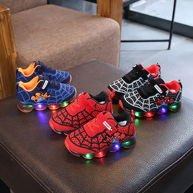 

LED Light Casual Shoes for Kids Cartoon Spiderman Kids Boys Girls Spider Web Sports Sneakers Children Glowing Lighting Shoes