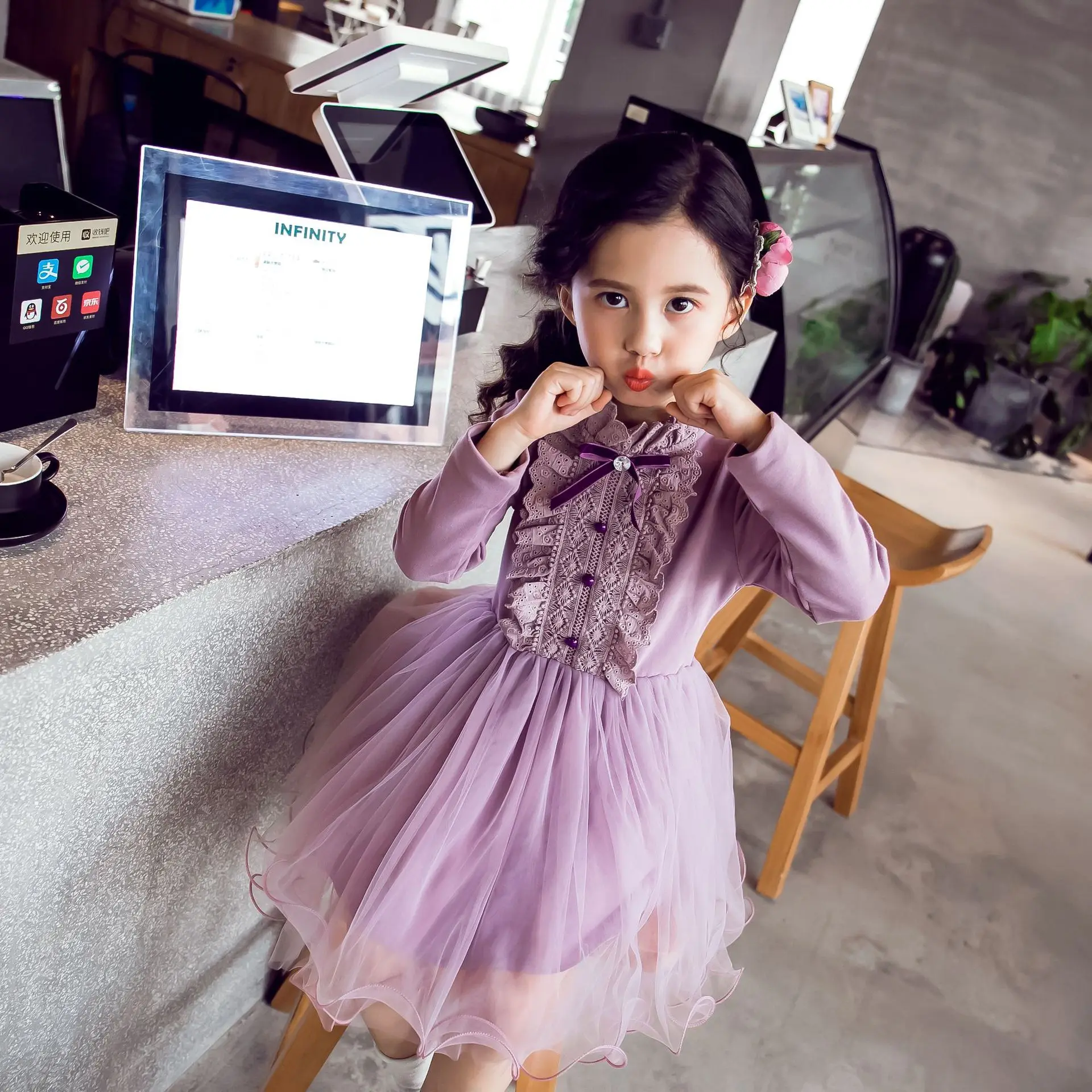 

Baby Girl Bow Crochet Knit Dress Kids Long Sleeve Party Wedding Pageant Tulle Tutu Dresses for 2-12 Years Girls CA156