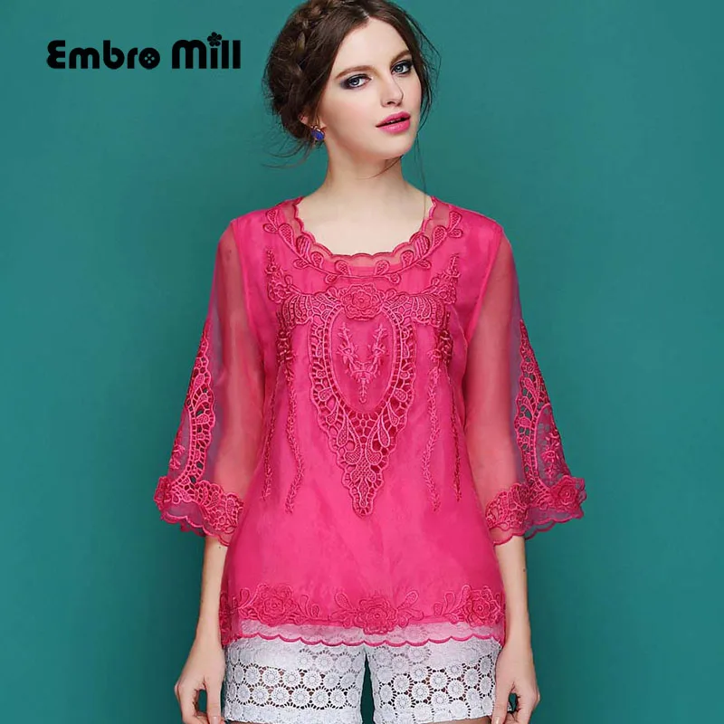

women's blouse shirt spring and summer runway new retro folk embroidery hollow out Organza ladies shirt flare sleeve top 7color