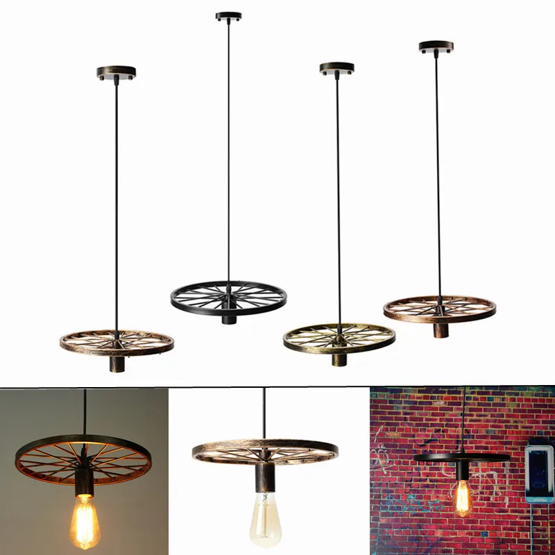 

E27110V-240V120cm Adjustable Vintage Industrial Loft Pendant Lamp Retro DIY Iron Wheel Light Fixture For Living Room