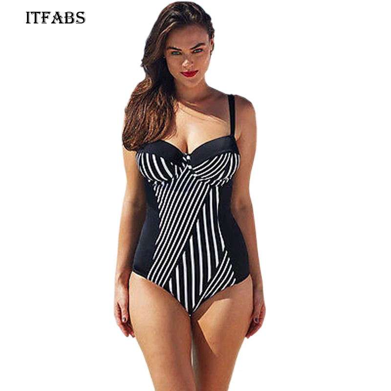 

Black Striped-designed Hot Sale 2017 Sexy Women Plus Size Padded One Piece Push Up Bikini Swimwear Monokini Swimsuit XXXL