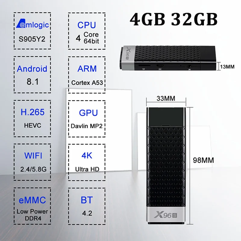  X96S Mini PC Amlogic S905Y2 Quad Core Android 8.1 TV Dongle 4GB 32GB 2.4G/5.G WiFi Optional BT4.0 1