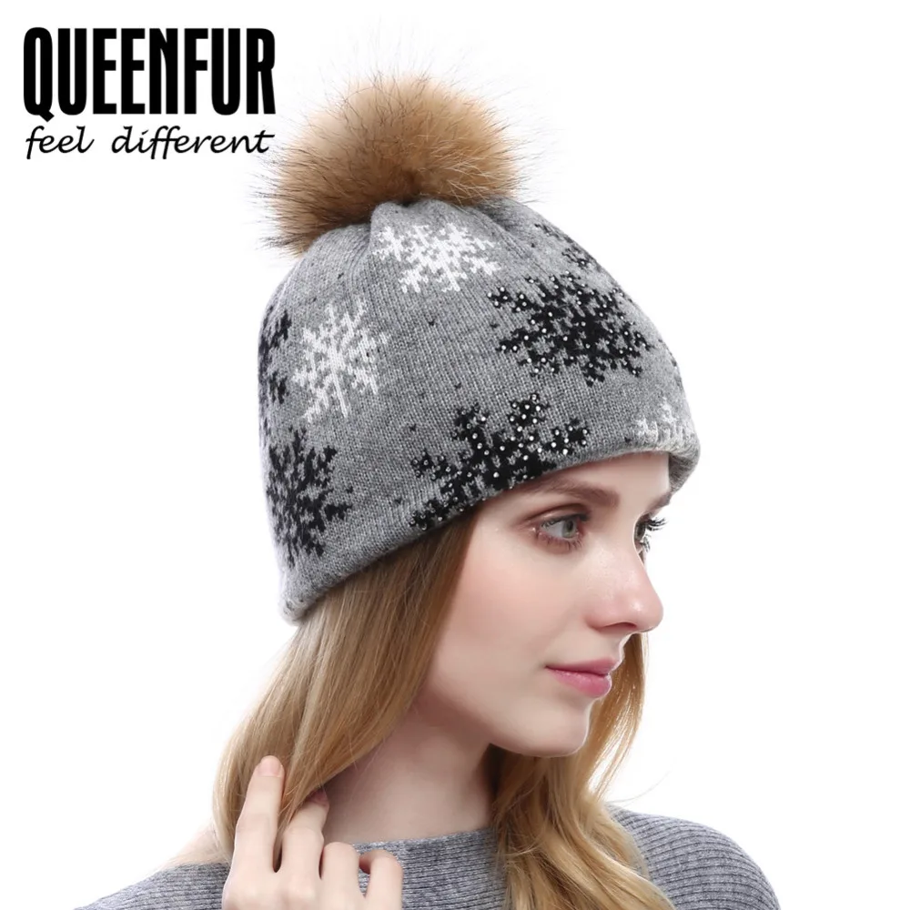 QUEENFUR Women Winter Wool Beanies Hat With Real Raccoon Fur Pompom