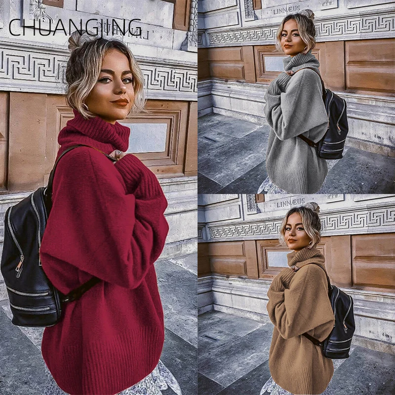 

Casual Knitted Sweater Women Winter Autumn Solid Long Sleeve Loose Turtleneck Plus Size Pullover Sweater Ladies Fashion Sweater