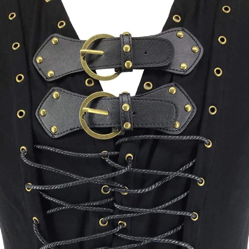 Victorian Gothic Jacket Waistcoat Halloween Party Male Black Leather Belt Buckle& Lace Up Medieval Coat Clothing Corset Vest