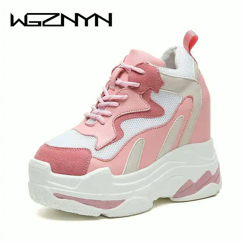 

Women Sneakers Mesh Casual Platform Trainers White Shoes 11CM Heels Autumn Wedges Breathable Woman Height Increasing Shoes W07