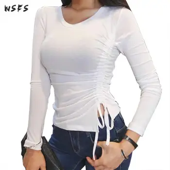 

Spring Tshirts 2019 Long Sleeve Black Grey White Oneck Womens T Shirt Stretch Drawstring Plated Sexy Casual Tops Tees T-shirt