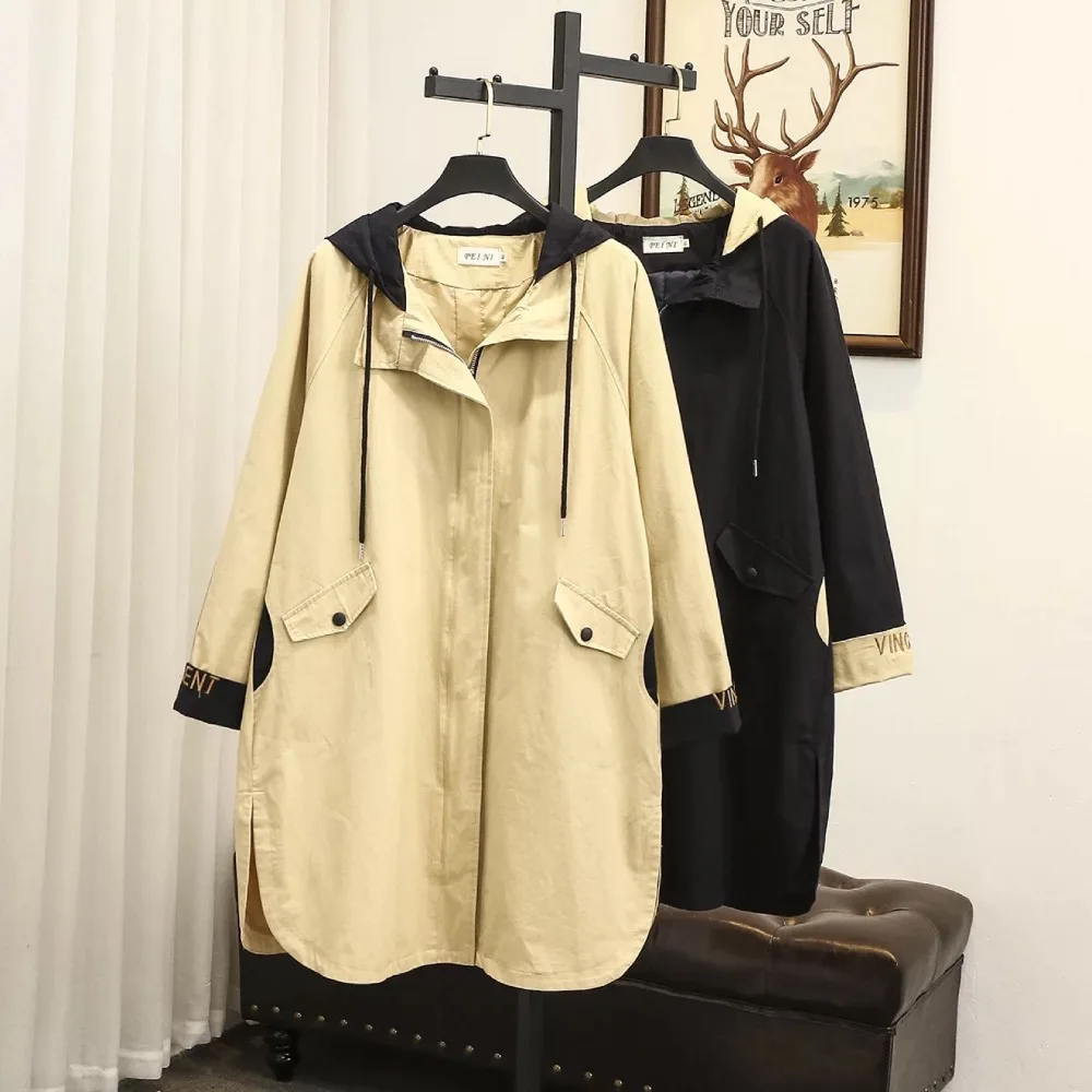 

Ubetoku 2018Autumn women slim waist trench coat embroidery sleeve patchwork hooded coat plus size women clothing(FY20)