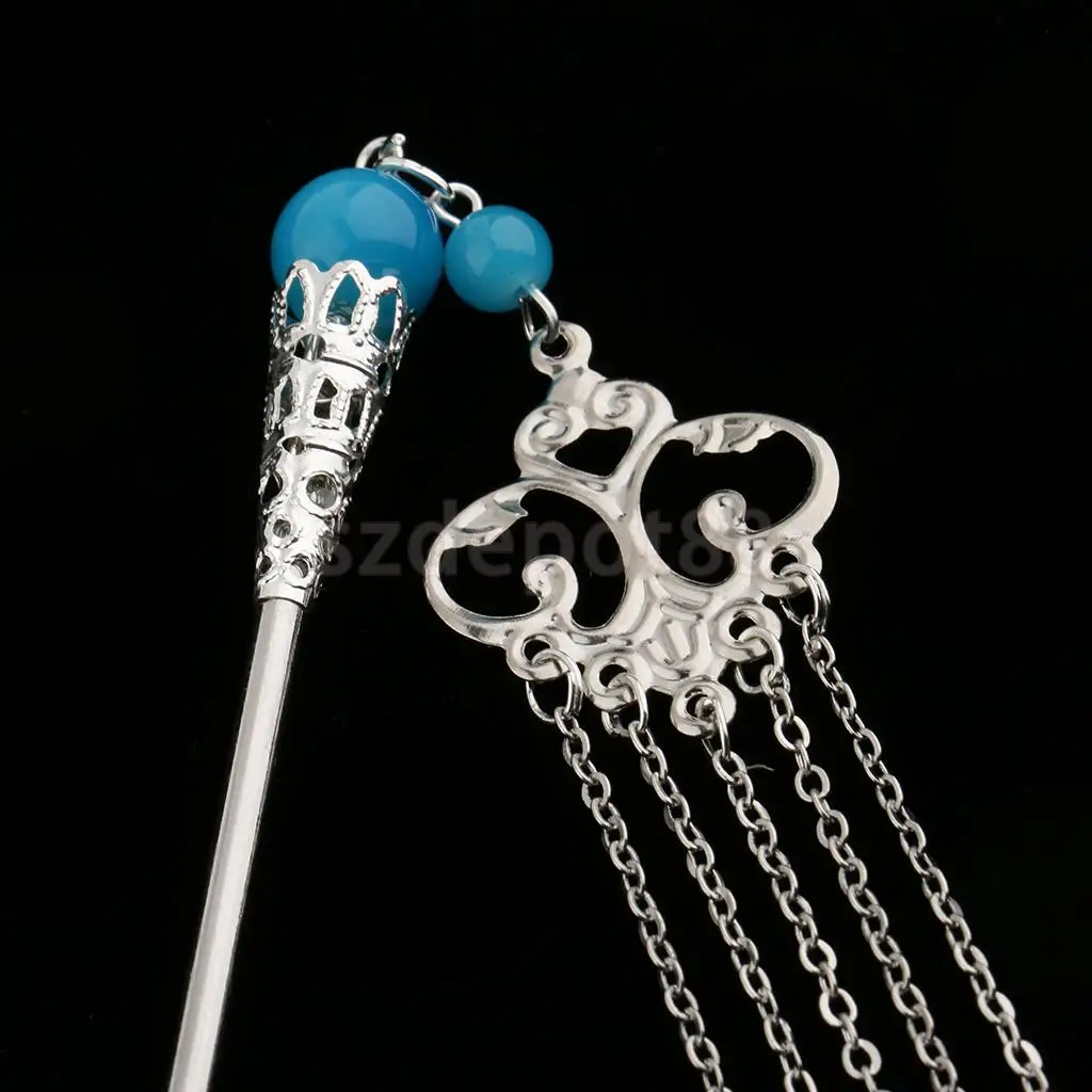 Solid Metal Tasel with Beads Stick Pin Hanfu Dress Ancient Chinese Cosplay Drama Girls Cute Hair Pin