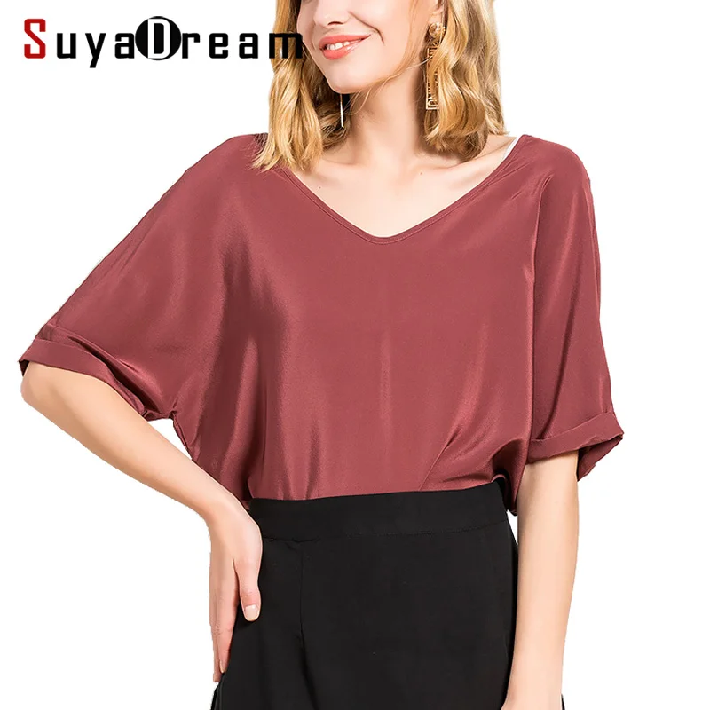 

Women Silk T SHIRT Half sleeve V neck 100% Natural silk casual shirt Blusas femininas 2018 Summer Bottoming shirt New