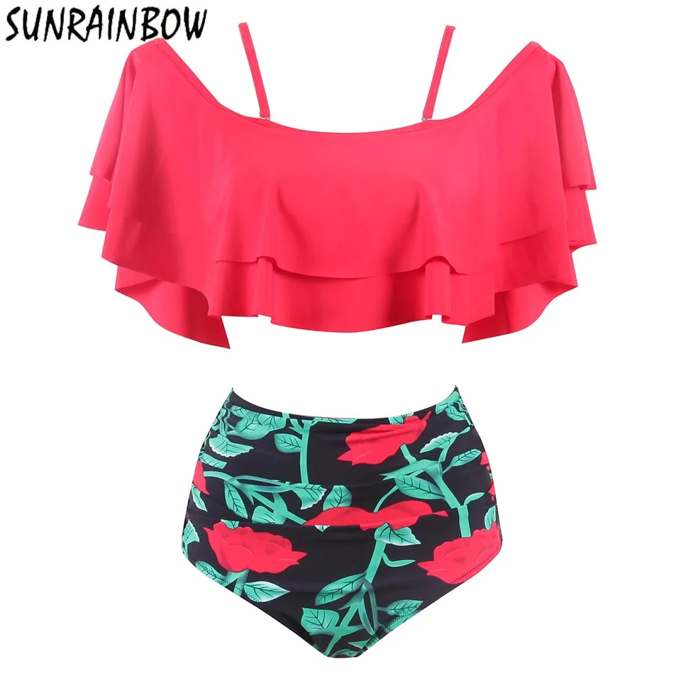 

SUNRAINBOW Women Swimwear High Waist Swimsuit 2019 Sexy Bikinis Ruffle Vintage Bandeau Striped Bottom Bikini Set Bathing Suits