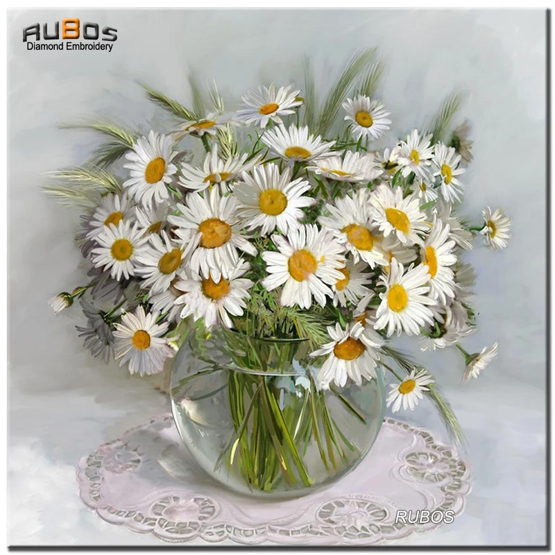 

RUBOS white daisy glass vase DIY 5D diamond painting diamond embroidery mosaic picture of rhinestone mazayka Embroider Bead gift